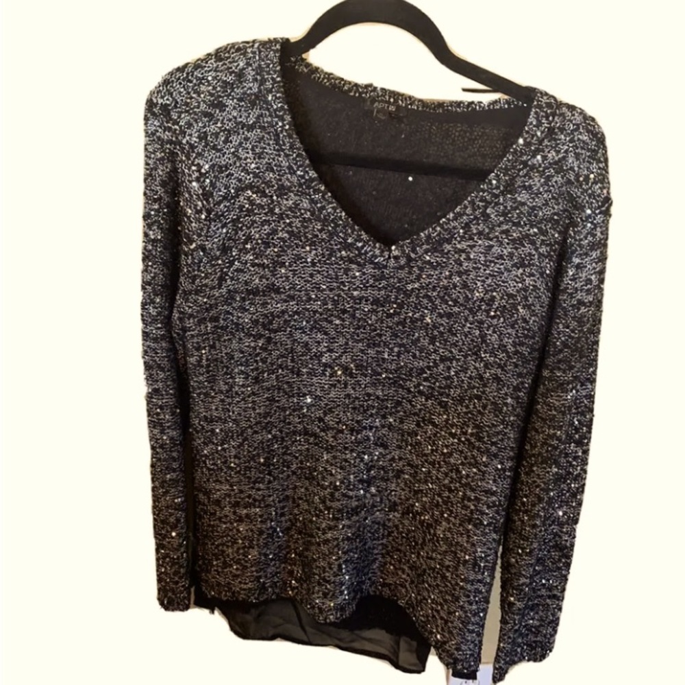 APT 9 Sequin sweater with Sheer  fabric lining. Asymmetrical bottom